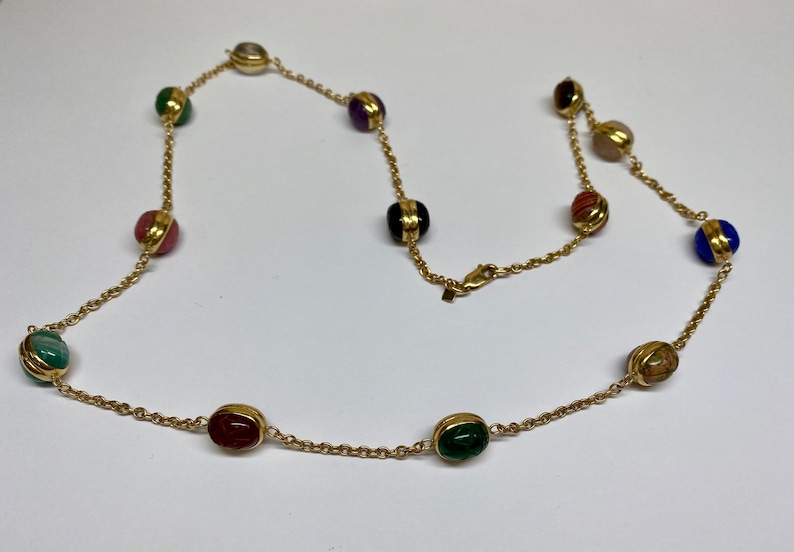 14K Yellow Gold Chain And Multi Color Stone Station 24" Necklace image 5