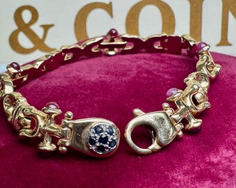 Vintage Italian 14K Gold Ruby Sapphire Link Bracelet – Designer Cabochon Gemstones