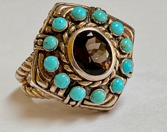 Large And Heavy Designer Thailand 925 Sterling Silver Turquoise And Topaz Double Cable Men's Ring!!!!!