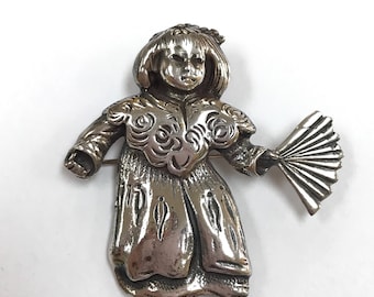 Vintage Brookraft Sterling Silver Asian Women Holding Folding Fan  Brooch/Pin!!!  Free US Shipping!!!