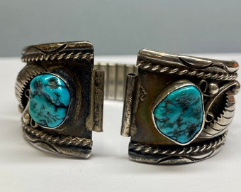Vintage Signed "AMS"  Native American Sterling Silver Turquoise Men's  Wrist Watch Band