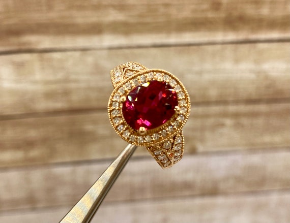 14K Rose Gold Ruby Diamond Halo Ring, Size 8.25 - image 4