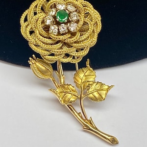 Beautiful And Elegant French  18K Yellow Gold Diamond & Emerald Rotating Brooch/Pin