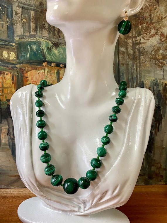 Vintage Multi-Size Round Malachite Beads 27" Long 