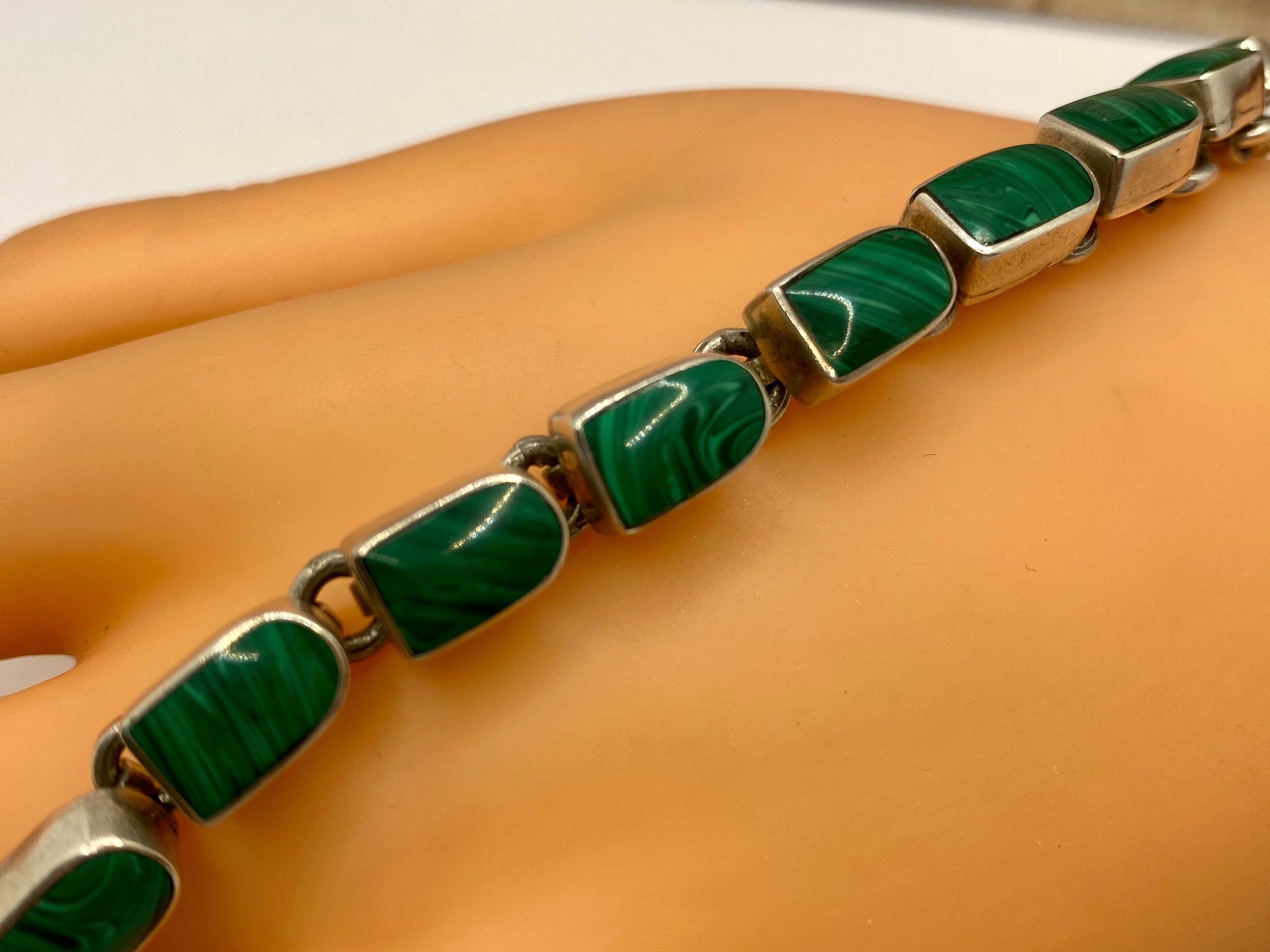 Large Sterling Silver Malachite Link Bracelet