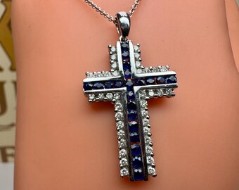 Elegant Blue Sapphire & Diamond Cross Pendant In 14K White Gold  Statement Necklace!!
