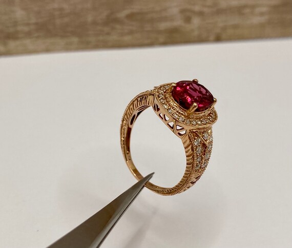 14K Rose Gold Ruby Diamond Halo Ring, Size 8.25 - image 5
