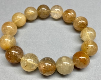 Natural Gold Rutilated 14mm Quartz  Crystal Round Clear Bead Unsex Bangle  Bracelet