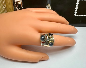 Vintage Sterling Silver & Gold Unisex Ring with Multi-Shape Stones - Size 7 1/4