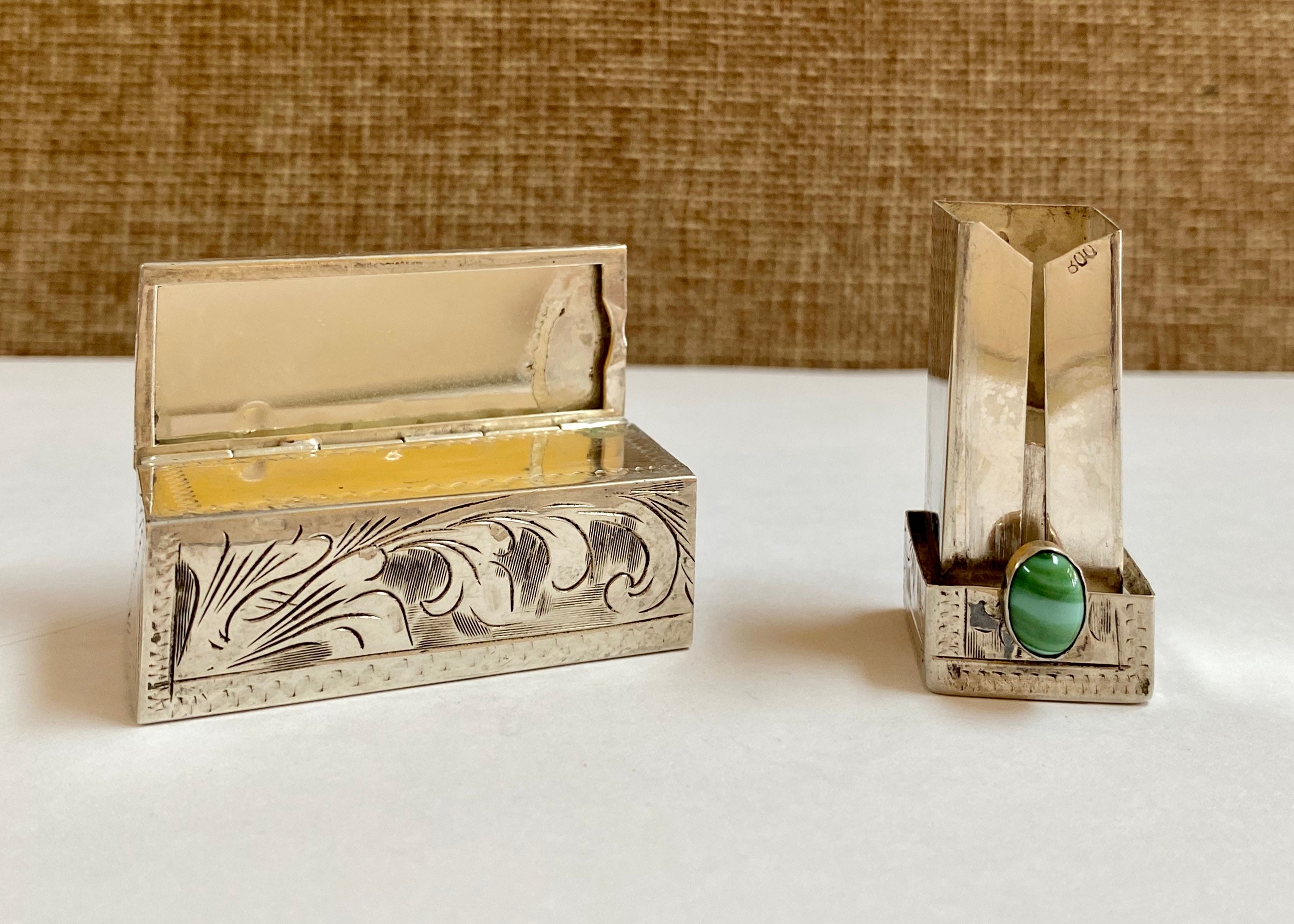 Art Deco Silver Lipstick Case and Mirror Green Malachite 