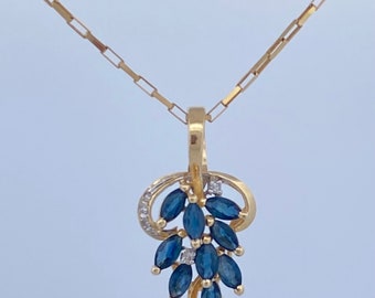 Beautiful And Elegant 585 14K Solid Yellow Gold Blue Sapphire And Diamond Pendant !!!!!