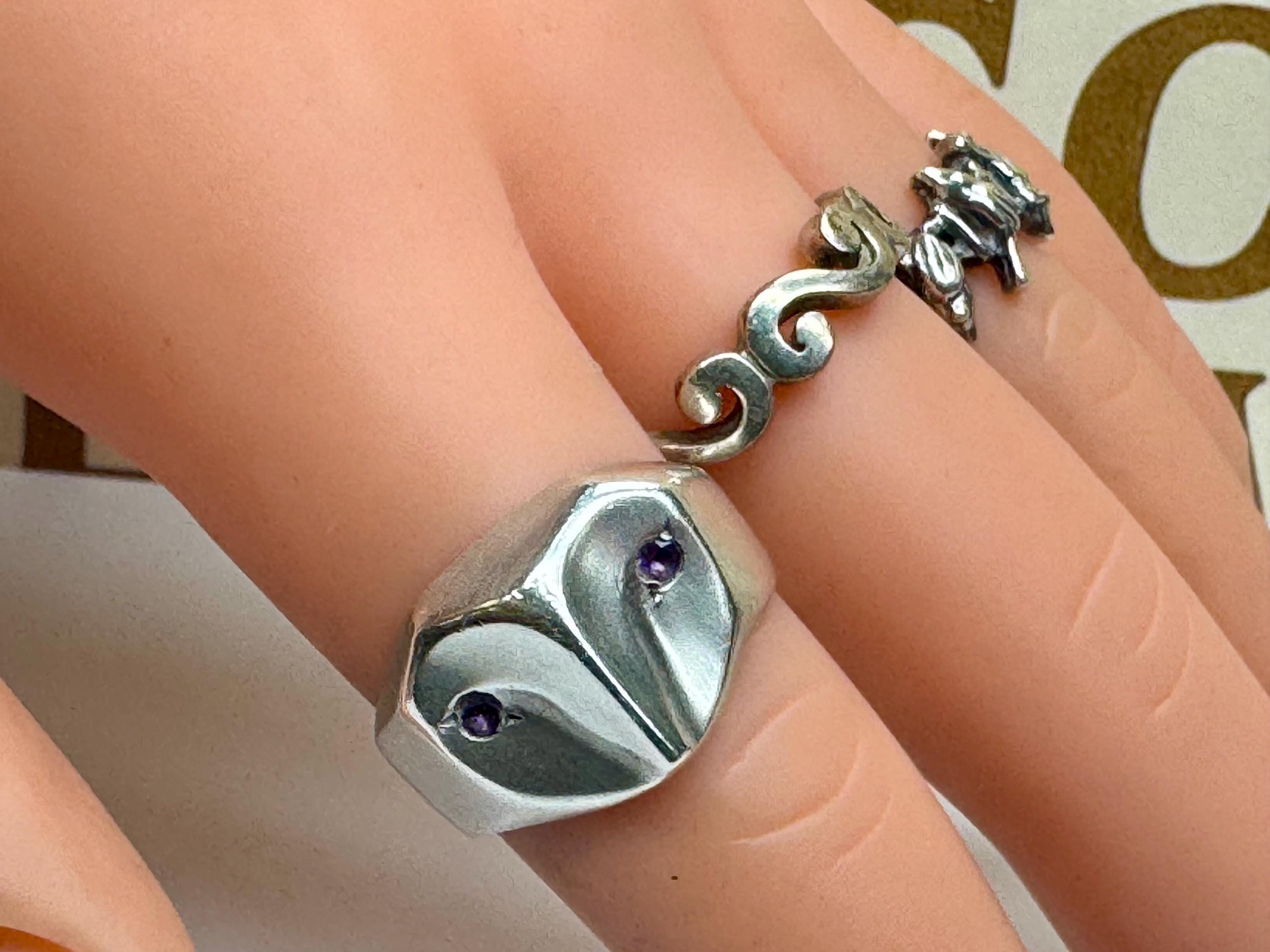 925 Sterling Silver Owl Ring With Purple Amethyst Eyes !! Size 7