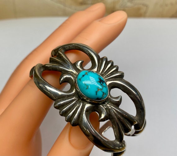 Turquoise School Bud Unique Vintage Native American Navajo Sterling Silver Buckle Turquoise School Bud Unique Vintage Native American Navajo Sterling Silver Buckle