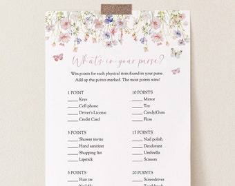 Wildflower Shower Game Template, What's in your Purse Baby or Bridal Game Card, Templett, #AP50