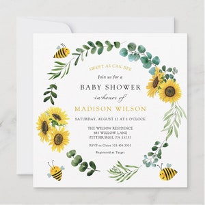 Bee Baby Shower Invitation with sunflowers, Printable Template, INSTANT DOWNLOAD #AP30_BB