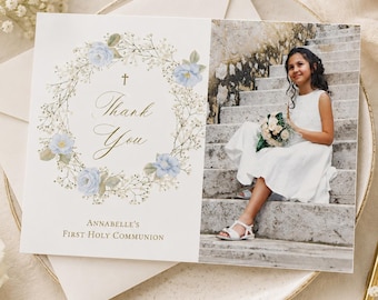 Baby's Breath Wreath and Blue Roses Thank You Template | Photo Thank You Printable | First Communion Christening (INSTANT DOWNLOAD)