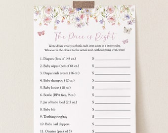 Wildflower Price is Right Baby Shower Game Template, Flower and Butterflies Baby Items Price Guessing Game Card, Templett, #AP50