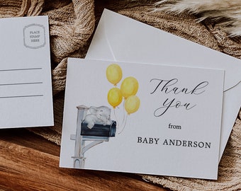 Baby Shower by Mail Yellow Balloons Thank You Postcard, Gender Neutral, Printable Template, INSTANT DOWNLOAD BSM_TY