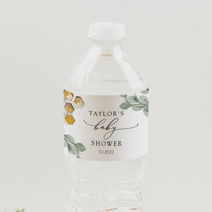 Water Bottle Label, Bridal or Baby Shower, Golden Bee and Eucalyptus, Printable Template, INSTANT DOWNLOAD #AP10