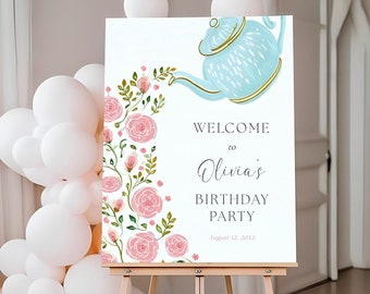 Birthday Tea Party Welcome Sign, Pink Floral Roses Birthday Girl Welcome Template, Blue Teapot Shower DIY Sign, Templett, #AP53