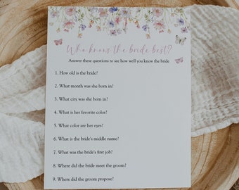 Wildflower Bridal Shower Game Card Template, Who Knows the Bride Best, Wedding Game Card Templett, #AP50