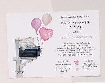 Baby Girl Elephant Shower by Mail Invitation, Long Distance Shower, Pink Balloons Mailbox, Printable Template, INSTANT DOWNLOAD #BB3-BSM