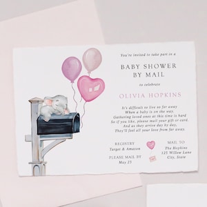 Baby Girl Elephant Shower by Mail Invitation, Long Distance Shower, Pink Balloons Mailbox, Printable Template, INSTANT DOWNLOAD #BB3-BSM