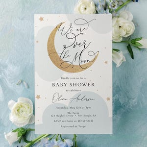 We are over the Moon Baby Shower Invitation, Blue Twinkle Little Star Invite, Baby Boy Printable Template, Digital Download