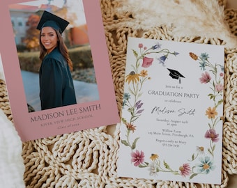 Grad Senior Announcement Card, Wildflower Graduation Announcement, Graduation Party Template, Multiple Photo Invite, Instant download