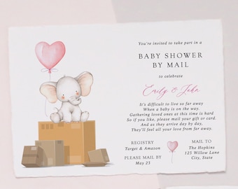 Elephant Baby Girl Shower by Mail Invitation, Long Distance Shower, Elephant pink balloon, Printable Template, INSTANT DOWNLOAD #AP13_BSM