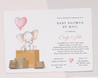 Elephant Baby Shower by Mail Invitation | Pink Balloon Watercolor Design | Long Distance Virtual Shower Template | Printable Baby Invite