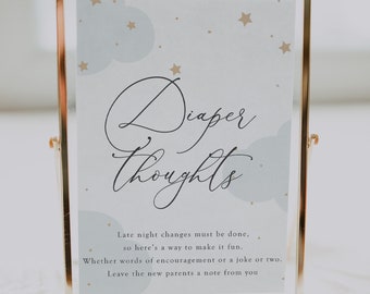 Diaper Thoughts Baby Shower Sign | Printable Blue Watercolor Moon & Stars | Shower Games, Instant Download, Editable Template