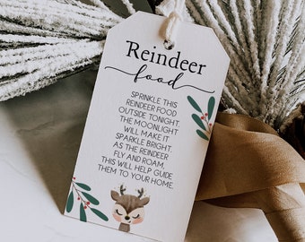May include: A white tag with the text "Reindeer food" in black cursive font. The tag has a green and red holly design with a cartoon reindeer illustration. The text reads: "Sprinkle this reindeer food outside tonight. The moonlight will make it sparkle bright. As the reindeer fly and roam, this will help guide them to your home."