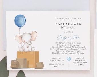 Elephant Baby Shower by Mail Invitation | Watercolor Blue Balloon Long Distance Virtual Shower Printable Template