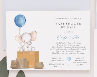 Elephant Baby Boy Shower by Mail Invitation, Long Distance Shower, Elephant blue balloon, Printable Template, INSTANT DOWNLOAD #AP13_BSM