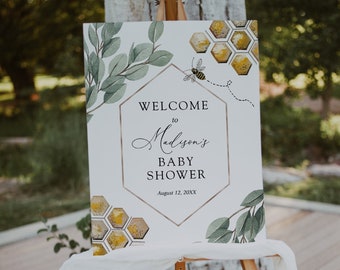 Bee and Eucalyptus Shower Welcome Sign, Baby or Bridal Shower, Printable Template, Instant Download