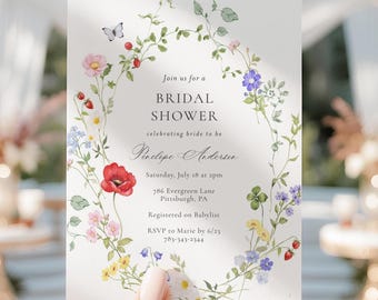 Wildflower Bridal Shower Invitation Template, Cottagecore Bridal Shower Invite, Printable Garden Floral Bridal Shower Invitation