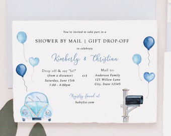 Boy Baby Shower by Mail Invitation, Drive By Gift Drop Off Shower, Blue Balloons, Printable Template, INSTANT DOWNLOAD #BB4-D1-BSM