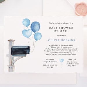 Invito per baby shower per bambino via posta / Modello di invito stampabile per baby shower a distanza / Palloncini blu dalla cassetta postale / Download immediato