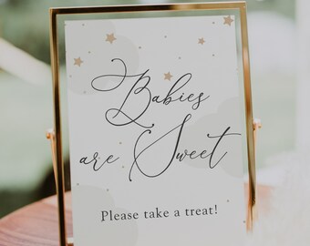 Over the Moon Baby Shower Printable Sign, Babies are Sweet Take a Treat, Gray Clouds and Gold Stars, Printable Instant Download #AP3g_BBS