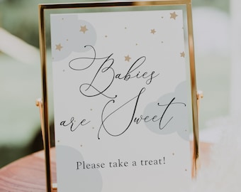 Over the Moon Baby Shower Printable Sign, Babies are Sweet Take a Treat, Blue Clouds and Gold Stars, Printable Instant Download