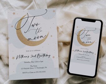 May include: A blue and gold invitation with a crescent moon and stars. The invitation reads "Two the moon" and "Nathan's 2nd Birthday". The invitation includes the date, time, location, and RSVP information.