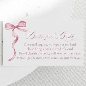 Rosa Schleife Bücher für Baby Insert Karte druckbar, Baby Mädchen Bibliothek Anfrage Duschkarte, bringen Sie eine Buchvorlage, bearbeiten und drucken Sie noch heute