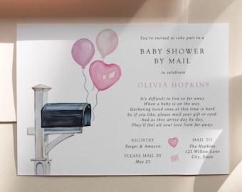 Pink Baby Shower by Mail Invitation, Long Distance Shower, Baby Girl, Pink Balloons Mailbox, Printable Template, INSTANT DOWNLOAD #BB3-BSM