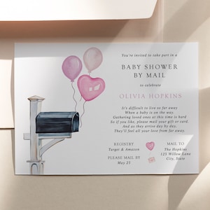 Pink Baby Shower by Mail Invitation: Balloons Mailbox (Instant Download)