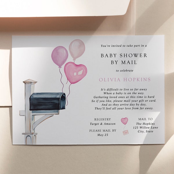 Pink Baby Shower by Mail Invitation, Long Distance Shower, Baby Girl, Pink Balloons Mailbox, Printable Template, INSTANT DOWNLOAD #BB3-BSM