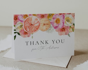 Orange Citrus and Pink Floral Thank You Card, Baby Shower Little Cutie Thank You, Printable Template, Instant Download