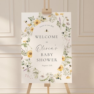 Letrero de bienvenida para baby shower con flores silvestres, abejas dulces, delicadas flores silvestres amarillas, plantilla imprimible para baby shower de niña, DESCARGA INSTANTÁNEA