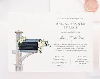 May include: A watercolor invitation for a bridal shower by mail. The invitation features a black mailbox with white flowers and greenery. Text includes "Bridal Shower by Mail" and "Please Mail By May 23". A pink wax seal is in the upper right corner.