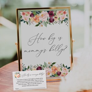 Placa e cartões de jogo para chá de bebê "Qual o tamanho da barriga da mamãe", "Hora do chá", "Floral bordô", para impressão, download instantâneo #AP12_BBG